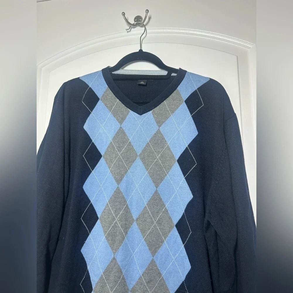 BANANA REPUBLIC Men's Blue Argyle Silk Cashmere V-neck Sweater Size XL preppy